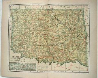 Original 1908 Map of Oklahoma by Dodd Mead and Company. Antique Original Map