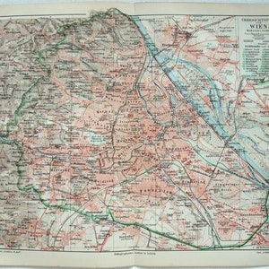Grande Vienne, Autriche - Carte originale de la ville de 1908 par Meyers. Carte antique de Vienne
