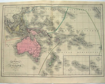 Antyczna mapa Australii i Pacyfiku: Delamarche, kolorowana ręcznie, 1859 r.