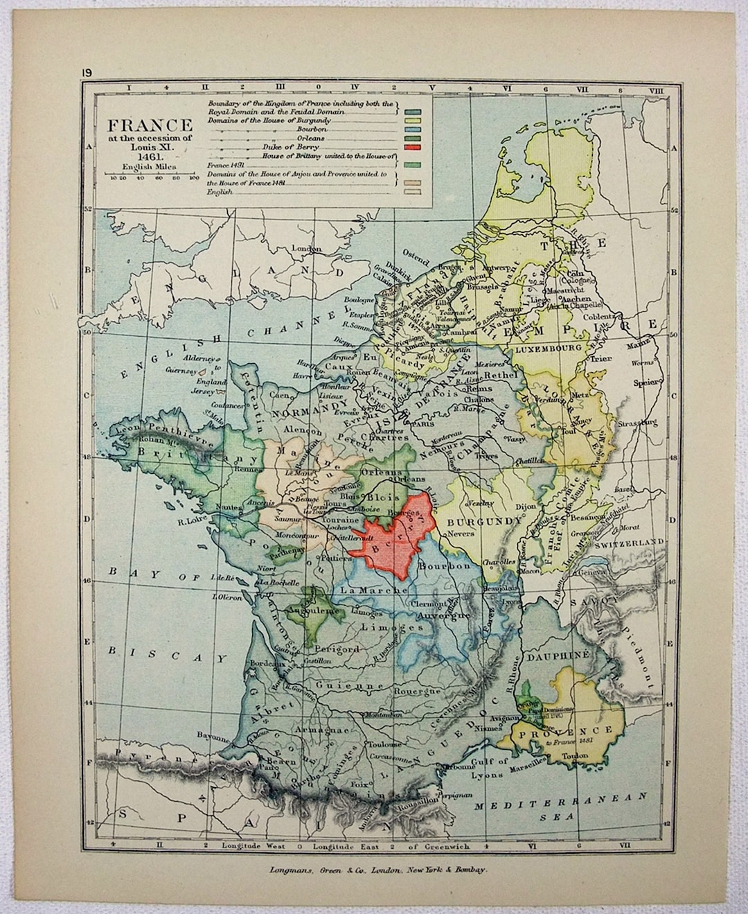 Vintage Map of France at the Accent of Louis XI in 1461 by Longmans ...