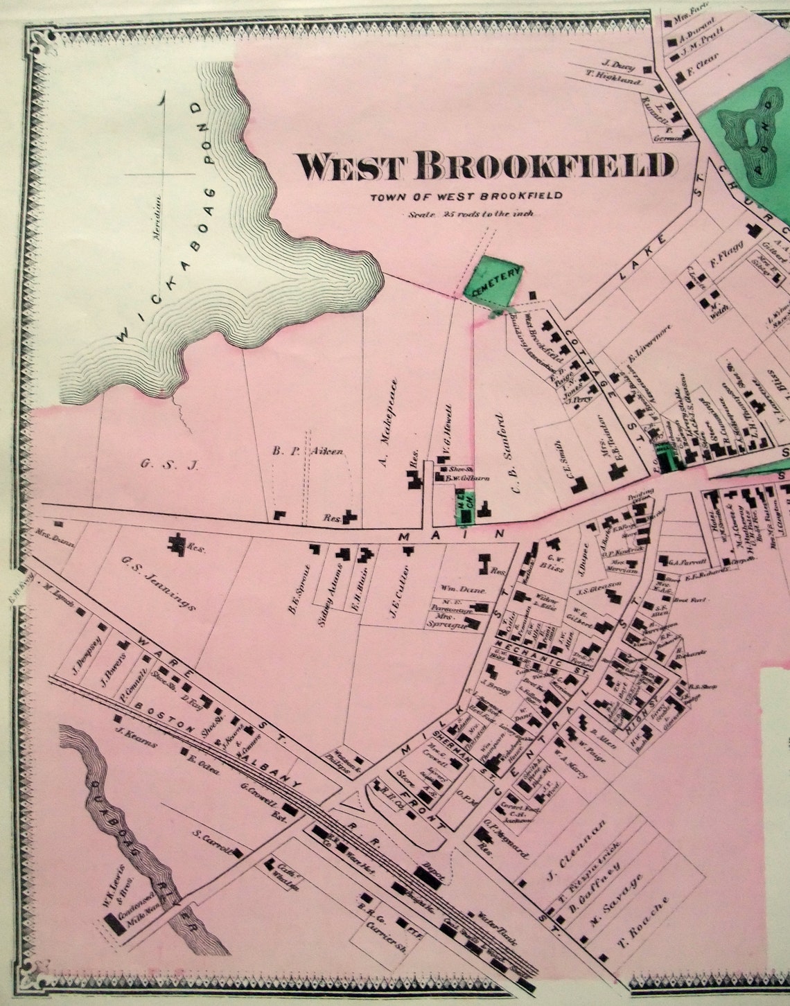West Brookfield Massachusetts. 1870 Map by FW Beers. Hand Etsy