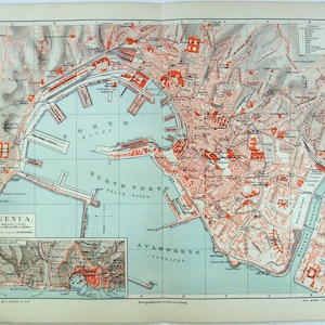 Genua, Italien - Original 1905 Stadtplan von Meyers. Antike Original Karte