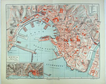 Genoa, Italy - Original 1905 City Map by Meyers. Antique Original Map