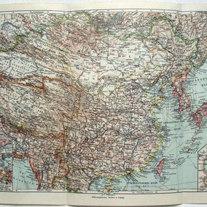 China & Japan - Original 1909 Map by Meyers. Antique German Language Map
