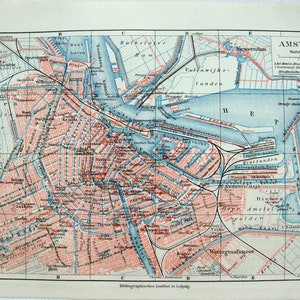 Amsterdam Pays-Bas - Plan de la ville original de 1913 en allemand par Meyers. Antiquités