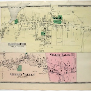 Leicester, Cherry Valley & Valley Falls, Massachusetts. 1870 Karte von FW Beers. Hand gefärbt. Antike Originalkarte