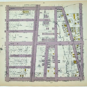 Parte de Gravesend, Brooklyn - E2nd St a E13th St da Avenue W até Ave Y - Mapa original de 1922 de Belcher Hyde. Antiguidade