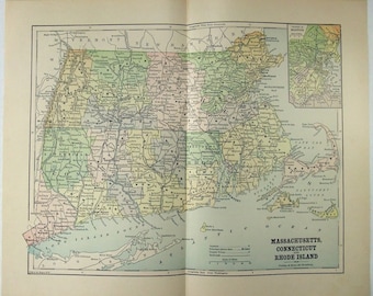 Massachusetts, Connecticut y Rhode Island - Mapa original de 1887 de Phillips & Hunt. Antiguo.