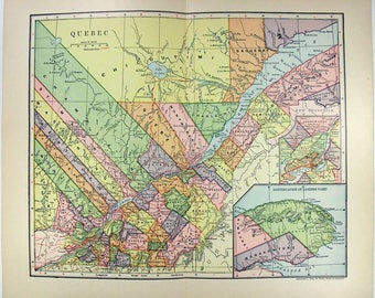 May include: A vintage map of the province of Quebec, Canada, showing the different electoral districts. The map is printed in a variety of colours, including green, yellow, orange, and pink. The map is titled "Quebec" and includes a scale bar and a compass rose.
