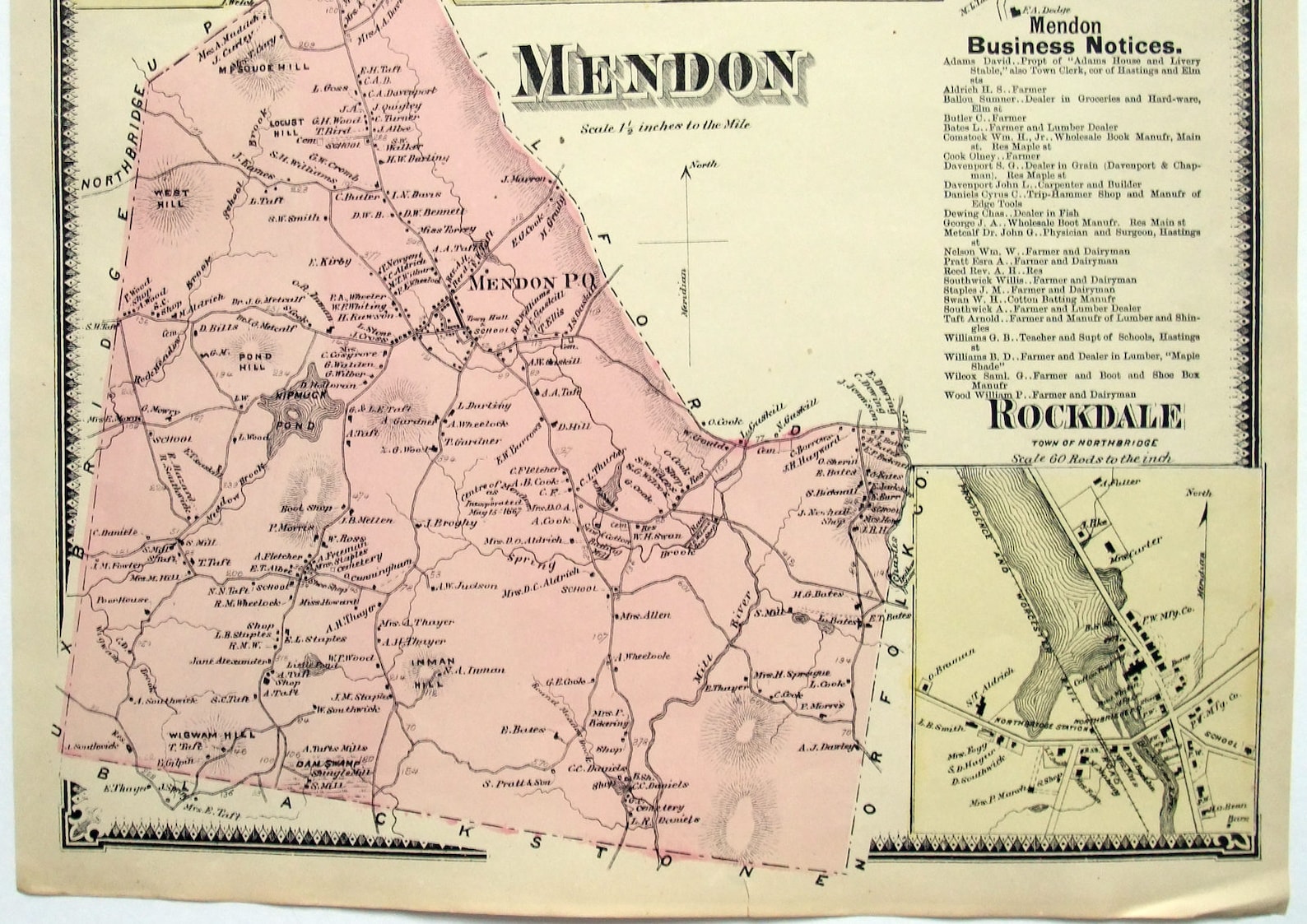 Mendon Massachusetts. 1870 Map by FW Beers. Hand Colored. Etsy