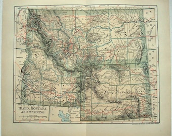 Mapa original de 1902 de Idaho, Montana y Wyoming, de Dodd Mead & Company. Antiguo.