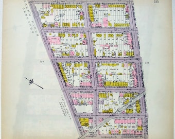 Cyprus Hills, Brooklyn - Highland PL à Chestnut St d'Atlantic Ave à Jamaica Ave - Carte originale de 1921 par Belcher Hyde. Antiquités