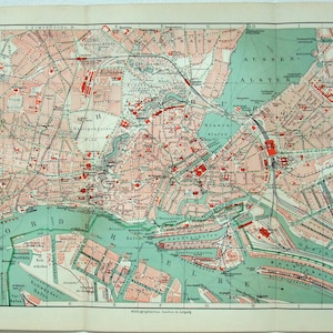 Hamburg & Antona, Deutschland - Original 1905 Stadtplan von Meyers. Antik