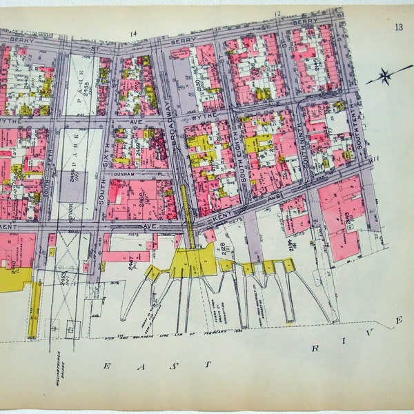 Part of Western Williamsburg, Brooklyn - Waterfront to Havemeyer St from S9th & S10th to S4th. Original 1921 Map by Belcher Hyde. Antique