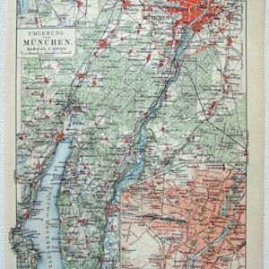 München Deutschland & Umgebung - Original 1907 Landkarte von Meyers. Antikes Original. Munchen