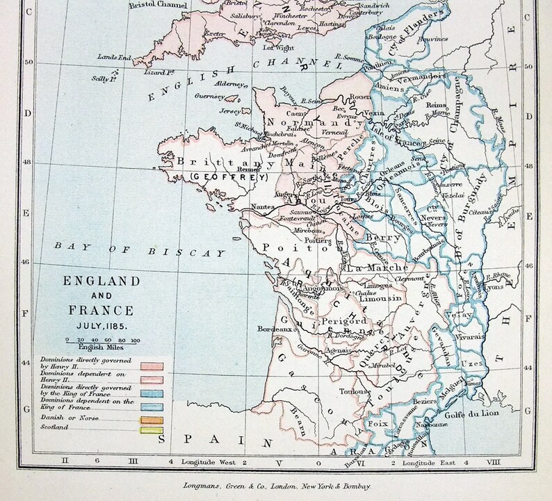 Jahrgang Karte von England & Frankreich im Juli 1185 | Etsy