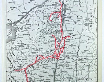 May include: Vintage map of the Delaware & Hudson Railroad System, featuring single and double tracks highlighted in red. The map includes key locations and geographical features, with text labels and a key in the upper left corner.