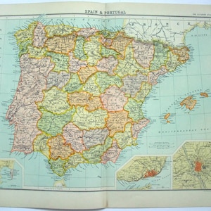 Spain & Portugal - Original Map by John Bartholomew circa 1898. Antique Colonial Era Map