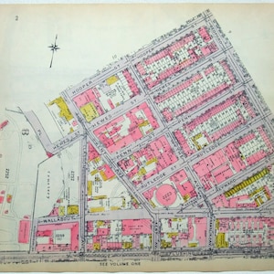 SW Williamsburg, Brooklyn: Navy Yard a Bedford Ave desde Flushing Ave a Hooper - Original 1921 Maps de Belcher Hyde. antiguo