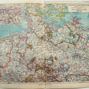Noroeste de Alemania - Mapa original de 1922 de Meyers. Mapa de idioma alemán vintage