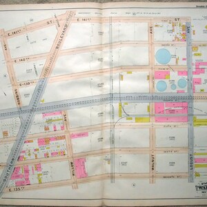 Enorme antieke kaart van Bronx NY-Port Morris van E 135th naar E 141th, Cyprus-East River. Gedrukt in 1900 door Hyde & co. gegarandeerd origineel