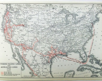May include: Vintage map of the United States, featuring Southern Pacific Lines and affiliated routes from 1926. The map shows the rail lines in red, with single and double tracks. The map includes the legend and the publisher's information.