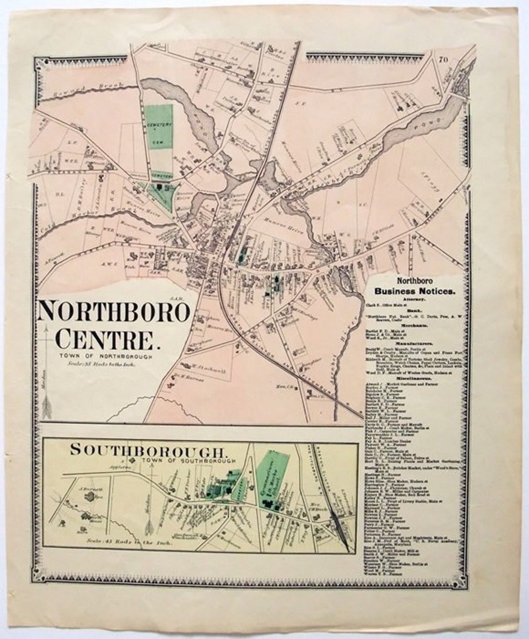 Northboro Centre, Massachusetts. 1870 Map by FW Beers. Hand Colored