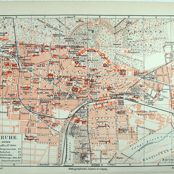 Original 1908 City Map of Karlsruhe, Baden-Württemberg, Germany by Meyers.