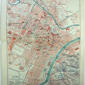 Turin, Italien - Original Stadtplan von 1905 von Meyers. Antik