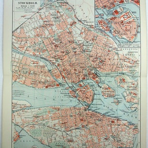 Stockholm, Suède - Plan de la ville original de 1908 par Meyers. Antiquités