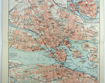 Stockholm, Sweden - 1908 City Map by Meyers. Antique Original Map