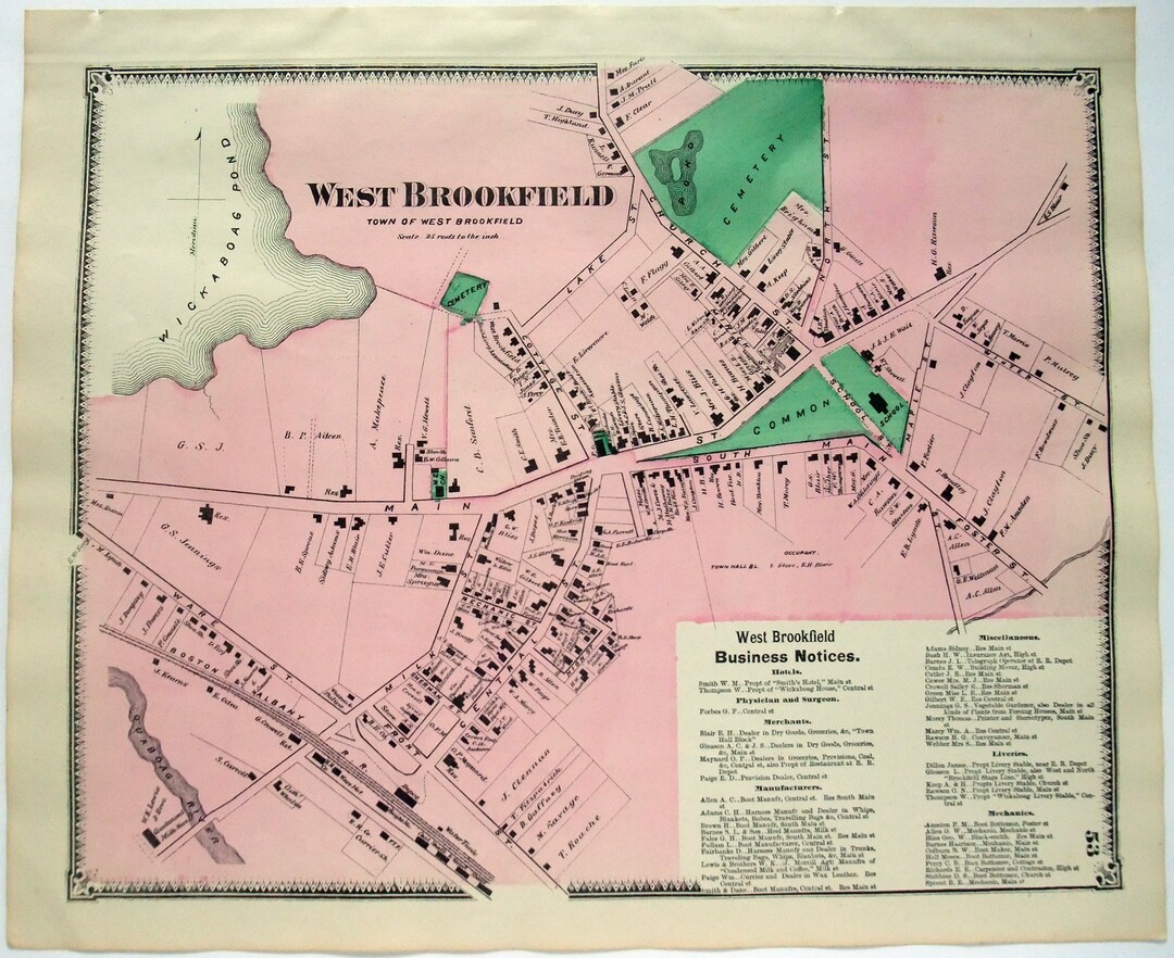 West Brookfield, Massachusetts. 1870 Map by FW Beers. Hand Colored