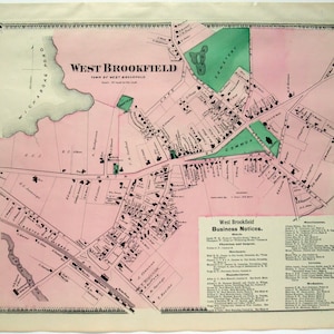 West Brookfield, Massachusetts. 1870 Karte von FW Beers. Hand gefärbt. Antike Originalkarte