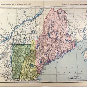 Original Eisenbahn Karte von Maine, New Hampshire & Vermont von 1907. Antikes Original