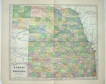 Kansas & Nebraska - Original 1891 Map by Hunt and Eaton. Antique Original