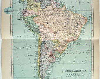 Carte de l'Amérique du Sud ancienne, 1902 Lithographie Couleur