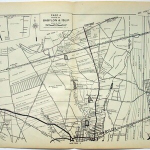 Puede incluir: Un mapa en blanco y negro de Babylon e Islip, Nueva York, que muestra carreteras, ferrocarriles y vías fluviales. El mapa está etiquetado como "Página 4 Partes de Babylon & Islip" e incluye el texto "Ver página 5" en la esquina inferior derecha.