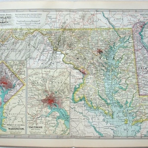 Maryland, Delaware & DC - Original 1902 Karte von The Century Company. Antike Original-Karte