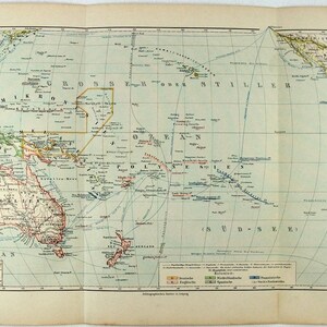 Ozeanien - 1892 deutsche Landkarte von Meyers. Antike Originalkarte der Pazifikregion