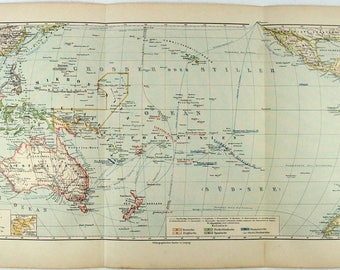 Oceanië: Duitse kaart 1892 door Meyers. Originele antieke kaart van de Stille Oceaan
