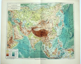 Asia - Original 1905 Physical Map by Meyers. German Language. Antique