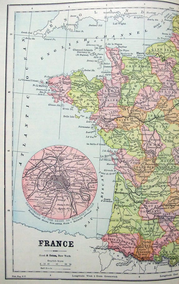 フランスアンティーク、地図 アンティークフランス地図：1895年 ハント＆イートンオリジナル - Etsy