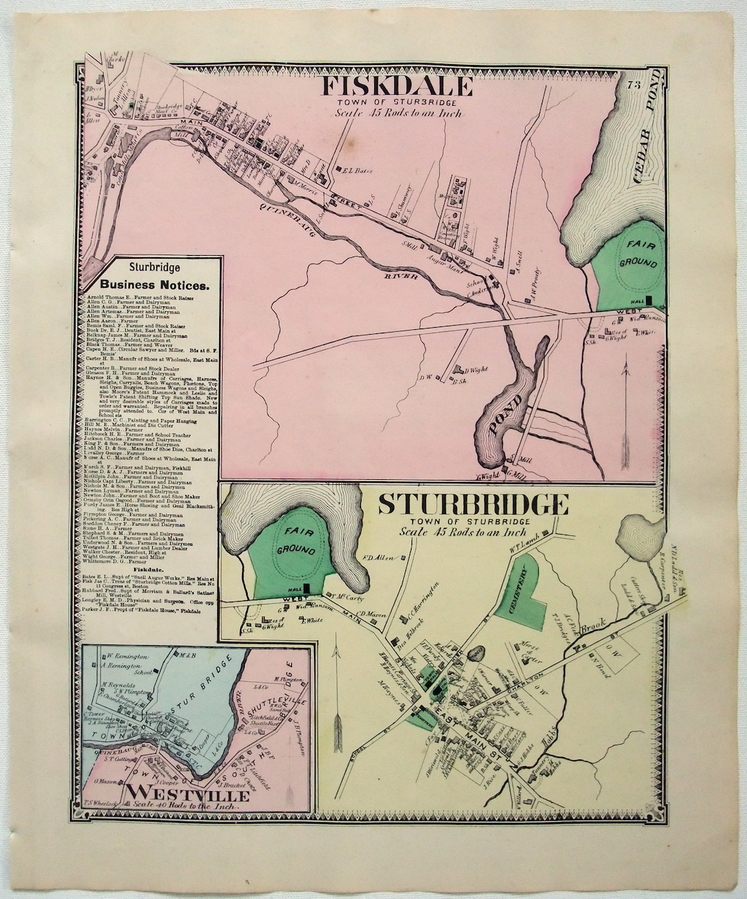 Sturbridge & Fiskdale Massachusetts. 1870 Map by FW Beers. Etsy