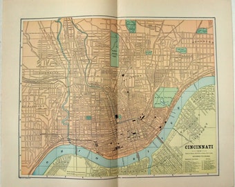 Cincinnati, Ohio - Original 1891 Street & Railroad Map by Hunt + Eaton. Antique Original Map