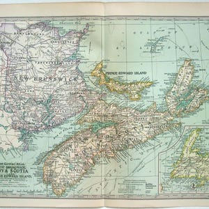May include: Vintage map of Nova Scotia, New Brunswick, and Prince Edward Island. The map displays detailed geographical information, including cities, rivers, and coastlines, with a classic aesthetic. The map is from The Century Atlas.