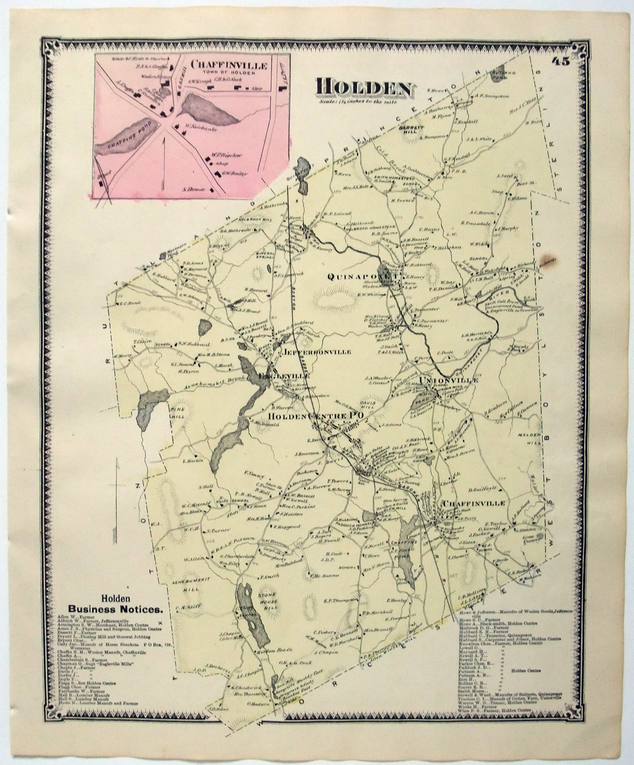 Holden Massachusetts. 1870 Map by FW Beers. Hand Colored.  Etsy