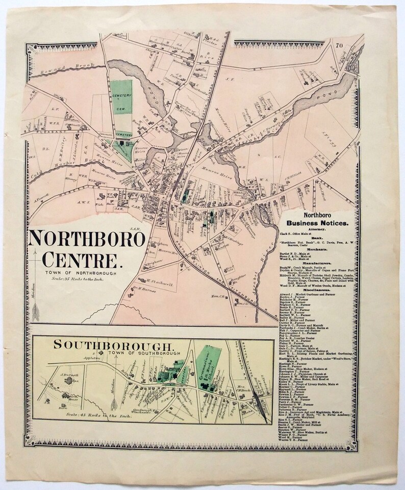 Northboro Northboro Centre, Massachusetts. 1870 Map by FW Beers. Hand Colored ...