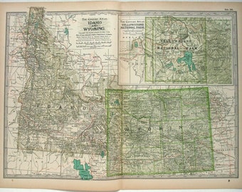 Idaho y Wyoming: mapa original de 1897 de The Century Company. Original antiguo