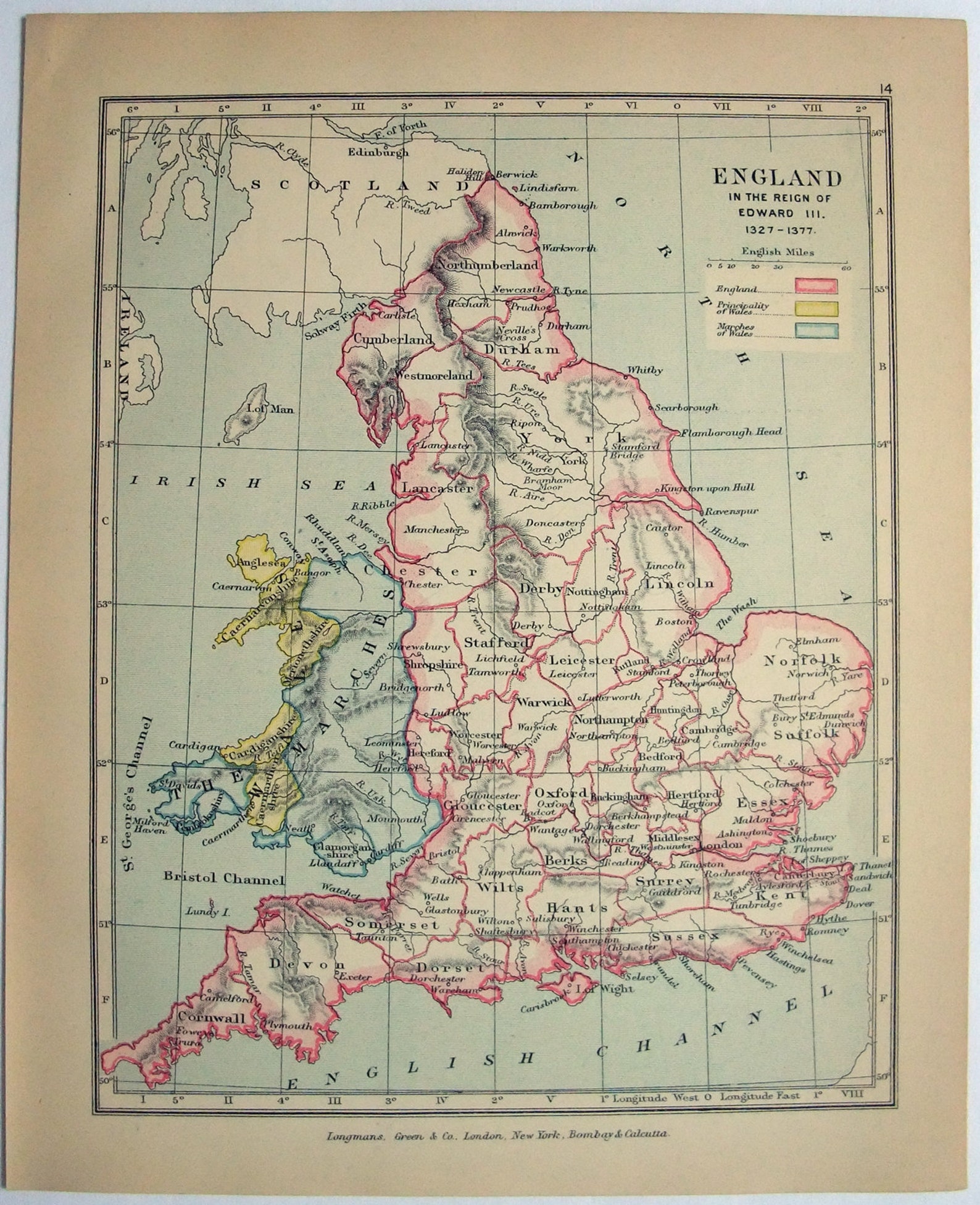 Vintage Map of England in the Reign of Edward III 1327-1377 - Etsy