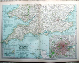 Carte originale de 1897 de la partie sud de l'Angleterre et du Pays de Galles par The Century Company. Antiquités